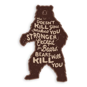 May include: A brown bear-shaped sticker with the text "What Doesn't Kill You Makes You Stronger Except for Bears, Bears Will Kill You" in a stylized font. The sticker has a distressed, textured appearance.