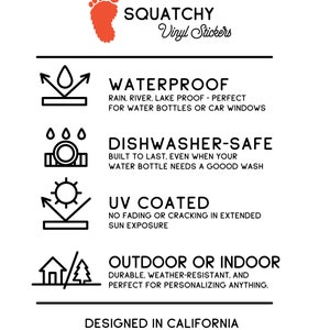 May include: Black and white illustration of various features of vinyl stickers. The features include waterproof, dishwasher-safe, UV coated, and outdoor or indoor. The text "SQUATCHY Vinyl Stickers" is at the top of the image. The text "DESIGNED IN CALIFORNIA" is at the bottom of the image.