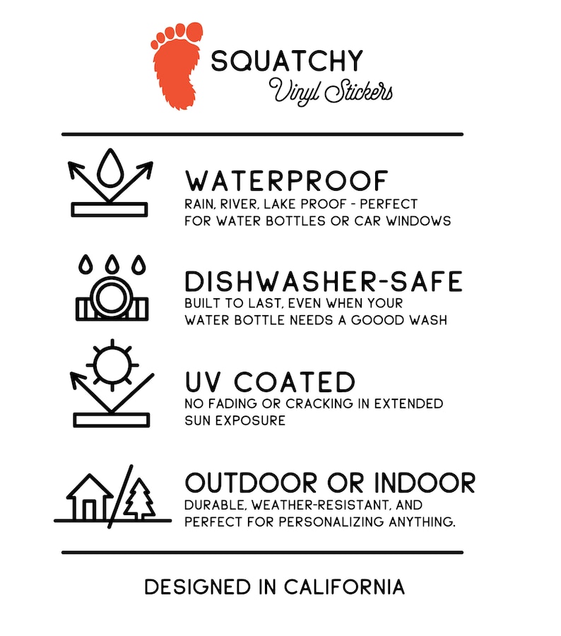 May include: Black and white illustration of various features of vinyl stickers. The features include waterproof, dishwasher-safe, UV coated, and outdoor or indoor. The text "SQUATCHY Vinyl Stickers" is at the top of the image. The text "DESIGNED IN CALIFORNIA" is at the bottom of the image.