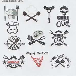 Op de afbeelding: Negen zwart-witte illustraties van grillmotieven. De ontwerpen omvatten een chef-kok, een grillmeester, een grill-en-chill-logo, een stier en een koning-van-de-grill-logo.