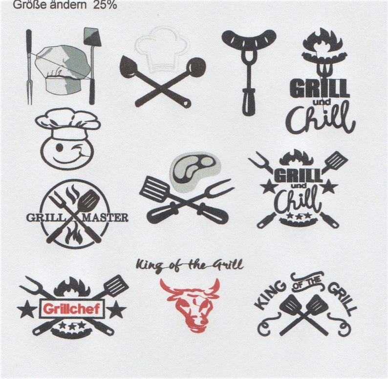 Op de afbeelding: Negen zwart-witte illustraties van grillmotieven. De ontwerpen omvatten een chef-kok, een grillmeester, een grill-en-chill-logo, een stier en een koning-van-de-grill-logo.