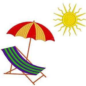 Könnte beinhalten: Ein rot-gelb gestreifter Sonnenschirm, ein grün-lila gestreifter Strandstuhl und eine gelbe Sonne mit Strahlen.