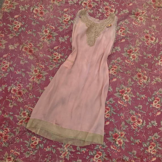 1920s Pink Slip Dress With Lace and Flowers
