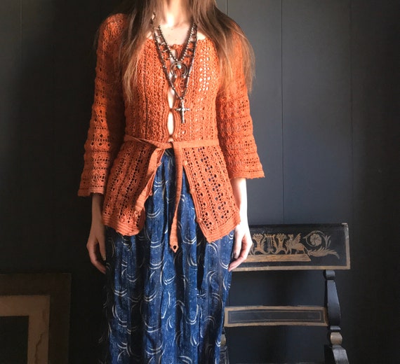 Burnt Orange Crochet Cardigan Sweater
