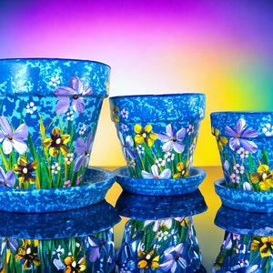 Flower Pot Set, Hand Painted Terra-cotta Clay Pots with saucer