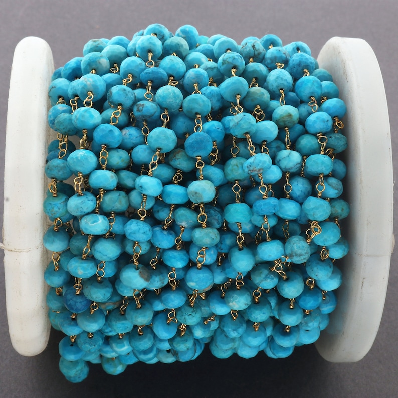 Jewelry Making Supplies, 24k Gold Plated Chain 6mm-7mm Beaded Chain Rosary Chain 5 Feet Turquoise Gold Wire Chain Stablized Roundelles