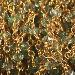 5 Feet Green Crystal Gold plated Wire Wrapped Chain 2mm-2.5mm , Beaded Chain, Rosary Chain, Jewelry Making Supplies