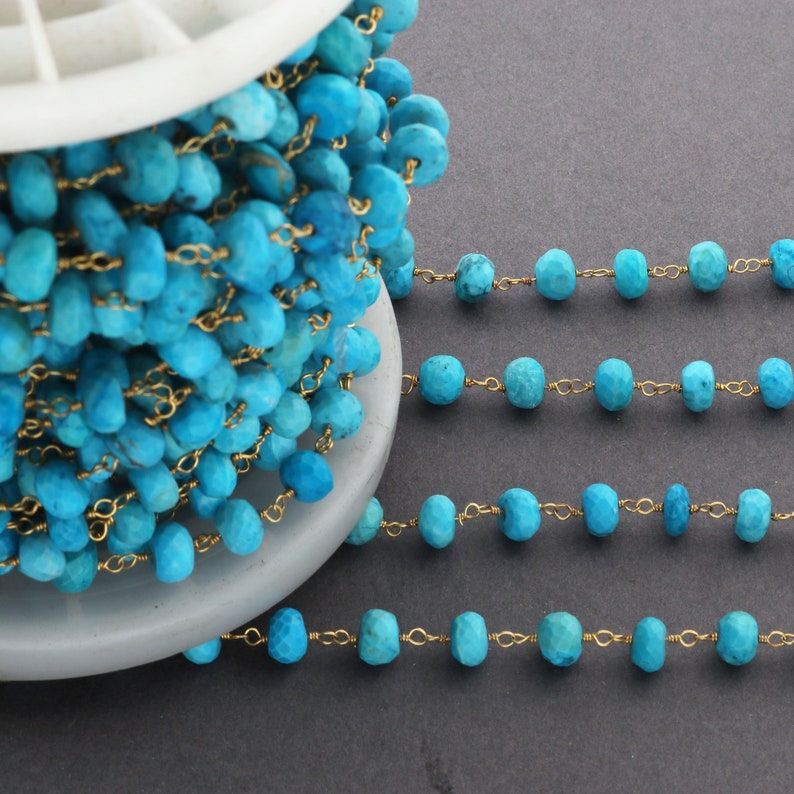 Jewelry Making Supplies, 24k Gold Plated Chain 6mm-7mm Beaded Chain Rosary Chain 5 Feet Turquoise Gold Wire Chain Stablized Roundelles