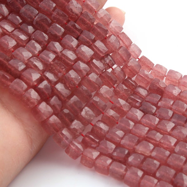 1 Strands Strawberry Quartz Cube Beads ,Gemstone Faceted  Box Shape Briolettes, Jewelry Making Supplies 6mm-7mm 8 inches Bulk Lot SP02578