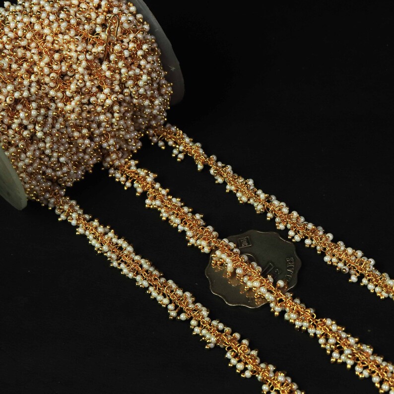 jewelry making supplies,Beaded Chain 5 Feet Pearl Beads Dangling With Black Plated Wire Rosary Beaded Chain 2mm,rosary chain