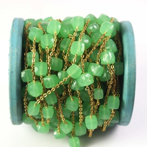 5 Feet Green Chalcedony Gold plated Chain,Wire Wrapped Chain, 8mm Beaded Chain,Cube Shape Rosary Chain, Jewelry Making Supplies