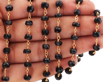 Black Onyx Rondelle Chain, 24k Gold Plated, 6mm Beads, 5 Feet