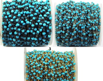 5 Feet Turquoise wire wrapped chain, 3mm-3.50mm beaded chain, rosary chain, jewelry making supplies, you choose the finish