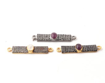 1 Pc Bar  Connector, 925 Sterling Vermeil / Silver Charm,White Topaz Connector Finding,jewelry making supplies You Choose  35mmx6mm WT082