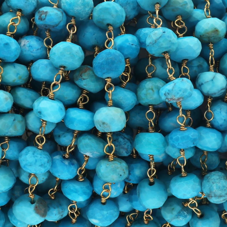 Jewelry Making Supplies, 24k Gold Plated Chain 6mm-7mm Beaded Chain Rosary Chain 5 Feet Turquoise Gold Wire Chain Stablized Roundelles