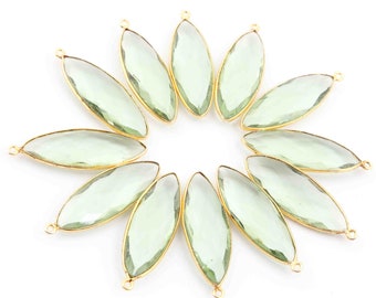 5 Green Amethyst Marquise Pendants, Gold Plated Jewelry Supplies (39mmx13mm)