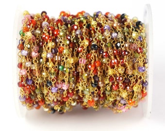 5 Feet Multi Zircon Gold plated wire wrapped chain, 3mm-3.50mm beaded chain,24k Gold Plated chain rosary chain, jewelry making supplies