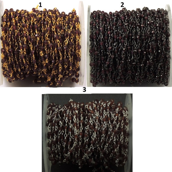 5 Feet Garnet Wire Wrapped Chain, 3mm-3.50mm Beaded Chain, Rosary Chain, Jewelry Making Supplies, You Choose The Finish