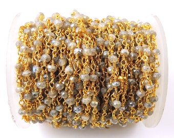 Labradorite Rosary Chain: 3mm-3.5mm Gold/Silver Plated Beaded Chain, 5 Feet