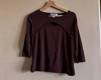 Cutout 00s Blouse, Brown Peekaboo Shirt, Cutout Neckline Top, Y2K Peekaboo Top, Brown Y2K Blouse, 90s Brown Shirt