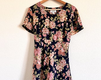 Navy Blue Floral Maxi Dress, Vintage Floral Dress, Vintage Maxi Dress, 90s Maxi Dress, Spring Maxi Dress, Blue and Pink Floral Dress