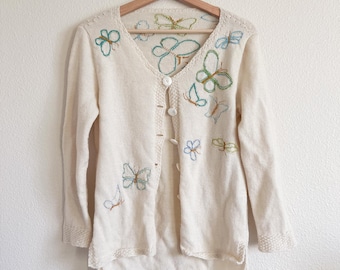 Cardigan con farfalla ricamata: maglione vintage anni '90 color avorio