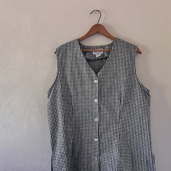 Gingham Button Up Top, Gingham Vest Dress, Plaid Button Up, Plus Size Vintage, Plus Size Vest Dress, Black and White Gingham Top