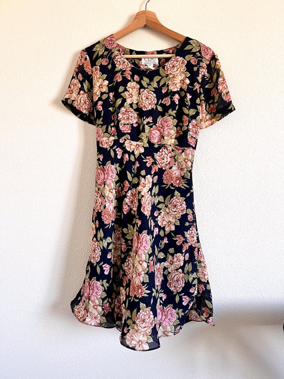 Navy Blue Floral Maxi Dress, Vintage Floral Dress, Vintage Maxi