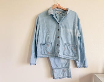 Floral Denim Set, 90s Mom Outfit, Denim Co Ord Set, Matching Denim Outfit, 90s Denim Outfit, Matching Button Up and Pant Set, 90s Mom Look