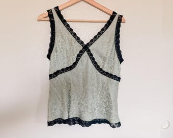 Vintage Sage Green Lace Camisole Top, Sheer Floral Tank with Black Lace Trim, Y2K Romantic Lingerie Style, Soft Grunge Fairycore Cami