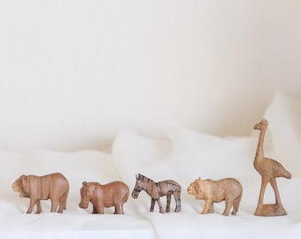 Wooden Animal Figurines, Vintage Wooden Animals, Wooden Safari, Animal Miniatures, Vintage Miniatures, Hand Carved Animals, Wooden Zebra