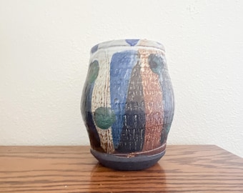 Handmade Stoneware Vase, Vintage Blue Vase, Vintage Studio Pottery,  Handmade Vintage Pottery, Vintage Clay Vase, Abstract Vase