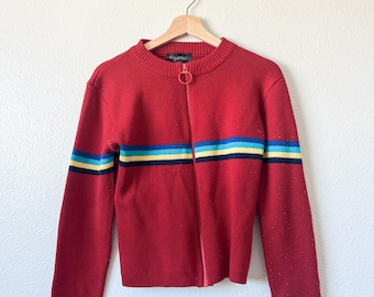 Cardigan arco-íris com zíper, suéter vintage arco-íris, suéter colorido, suéter arco-íris retrô, jaqueta vermelha dos anos 90, suéter vermelho com zíper