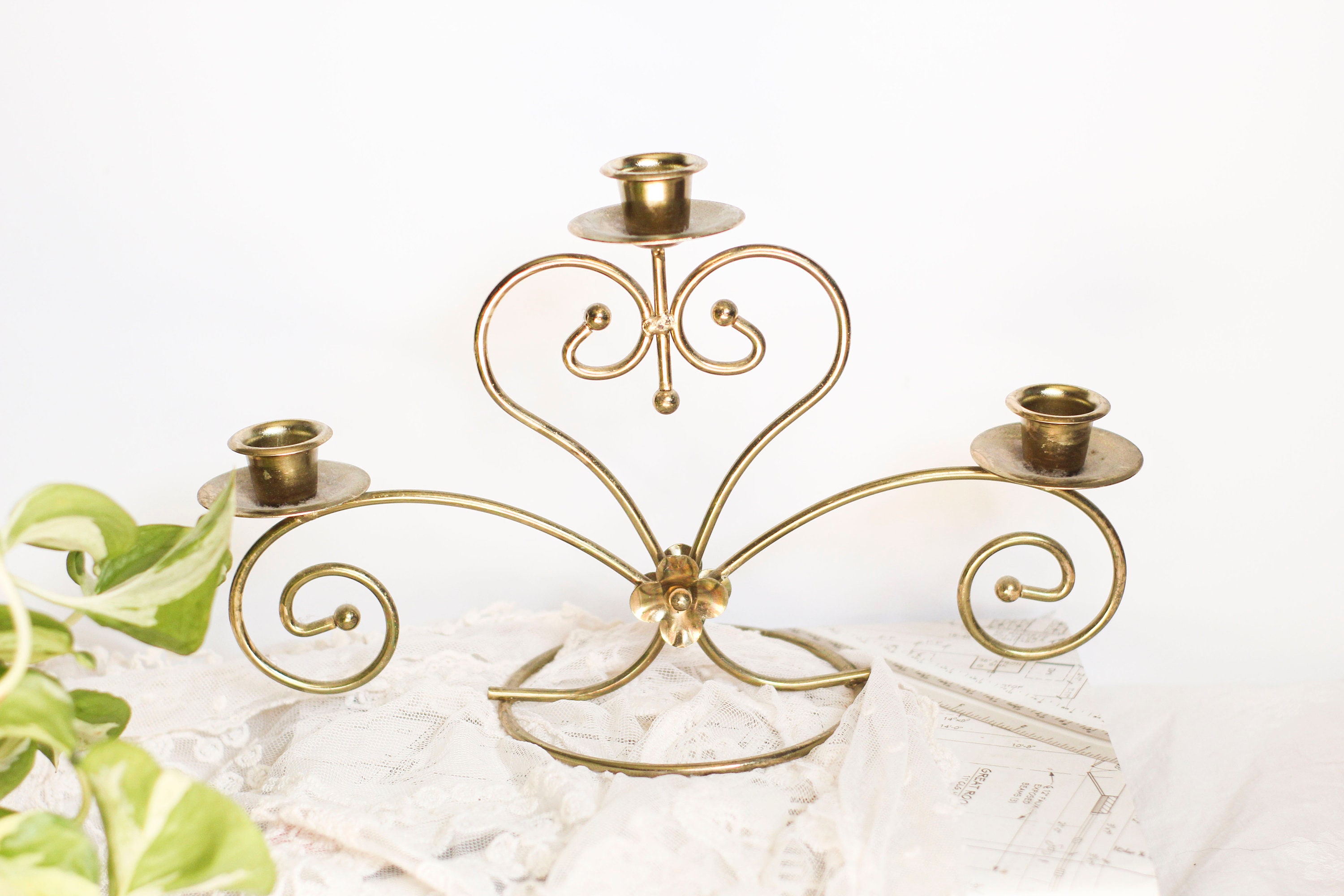 Gold Heart Candelabra Vintage Brass Candelabra Three Arm Etsy