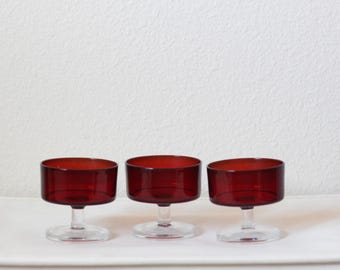 Three Red Coupe Glasses, French Coupes, Vintage Red Glasses, Vintage Holiday Glassware, Christmas Coupe Glasses, Vintage Christmas Glasses