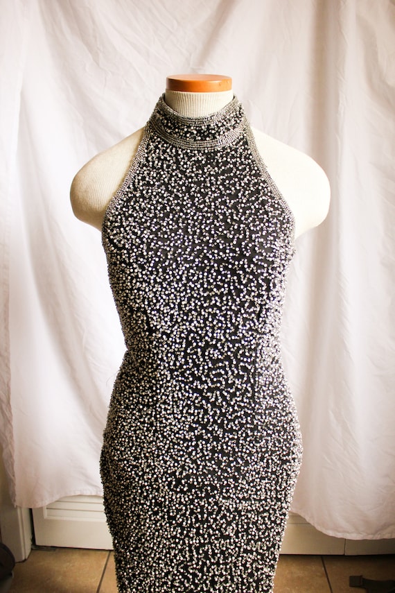 Bead and Pearl Gown, Black Beaded Evening Gown, Hi