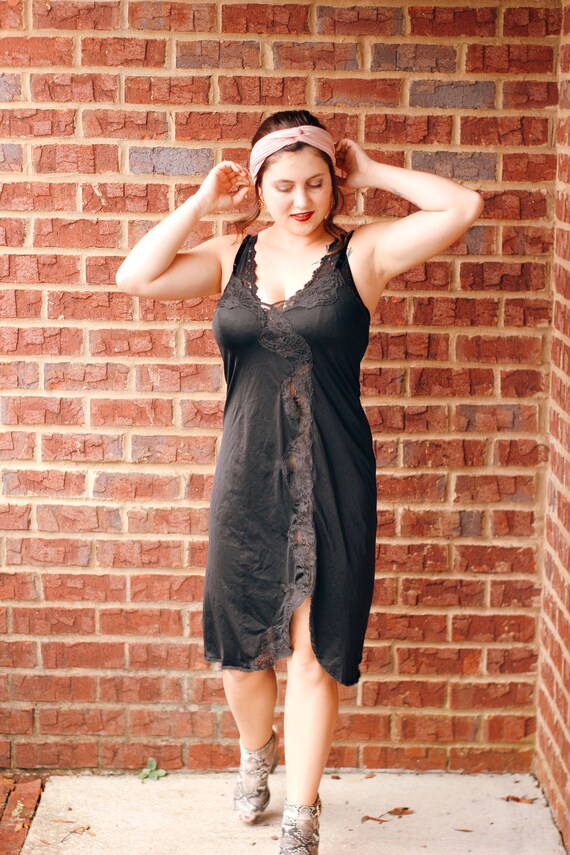 Black Lace Slip Dress, Vintage Black Slip, Black L