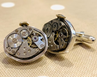 Vintage Watch Movement Cufflinks set in Sterling Silver