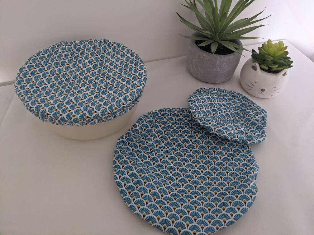 Lot de 3 Charlottes en Coton Enduit, Recouvre Plat Rond, Tissu Japonais Bleu, Couvre Plat, Couvercle