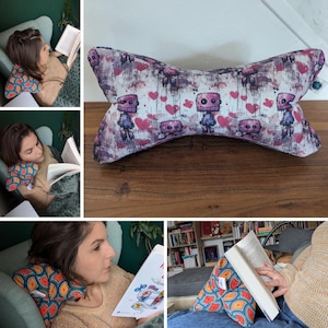 Reading bone ergonomic multi-position reading cushion book holder pink robot hearts - Handmade reading accessory
