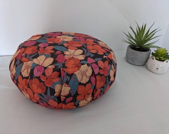 ZAFU or original round meditation cushion in organic cotton handmade in France red, orange, pink flowers, relaxation gift
