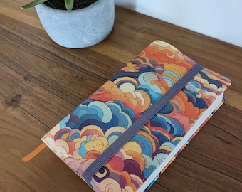 Protector de libros de bolsillo de tela orgánica, mangas, gran formato con marcapáginas integrado, ajustable, nubes