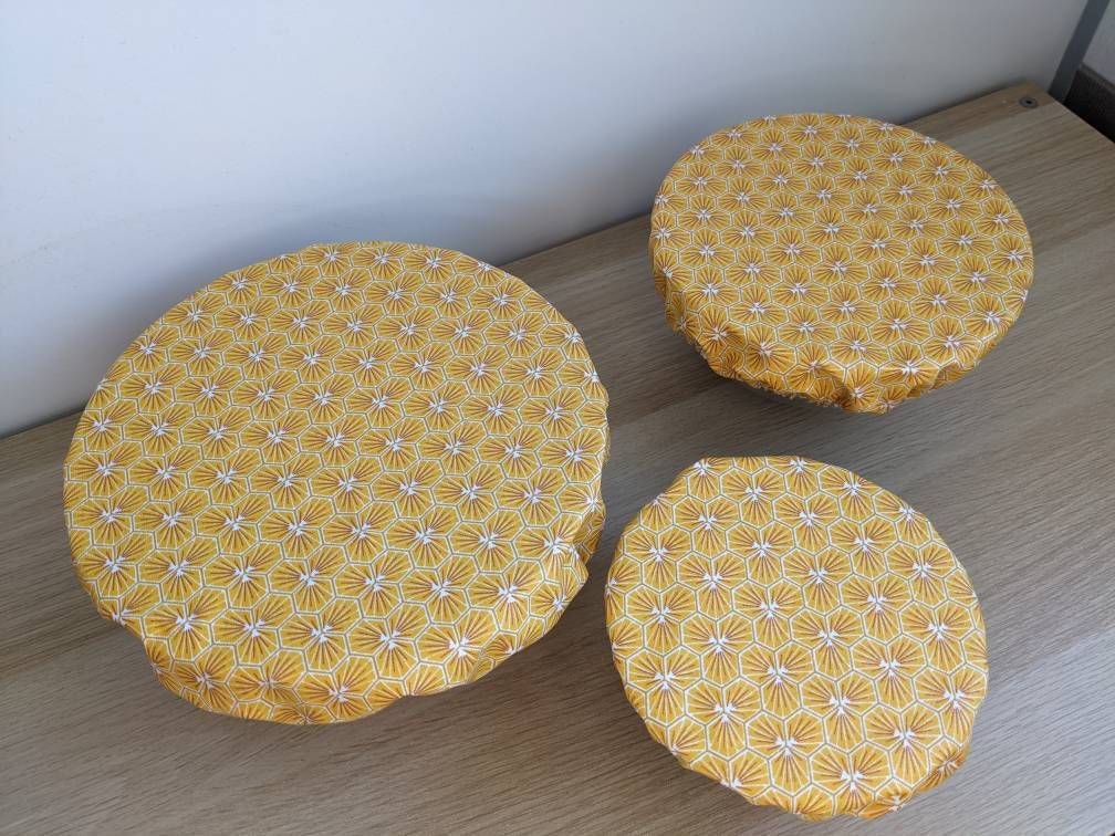 Trio de Charlottes Rondes Petit et Grand Format Couvre Plat Jaunes Zéro Déchet en Tissu Jaune Oeko-T