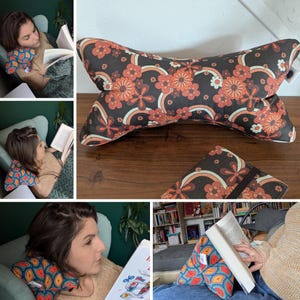 Ergonomischer Leseknochen, Buchstütze, Lesekissen, Cervical Comfort Reading, Lesezubehör, Retro Flowers Brown Pink