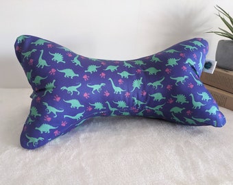 Reading bone support book in organic fabric dinosaurs purple green pink, reading cushion, cervical comfort, knee cushion