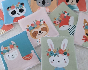 Toallitas húmedas lavables de algodón orgánico para bebés – set de 2 • Diseños de animales adorables • Regalo de nacimiento variado • Cero residuos • Hecho a mano en Francia