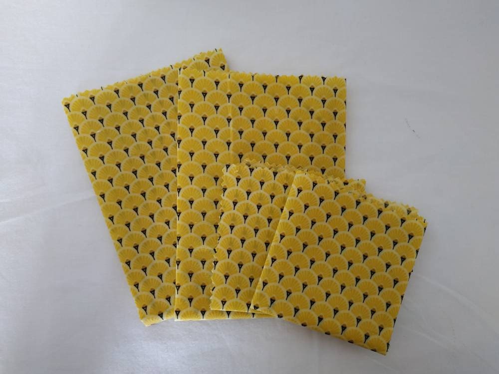 Lot de 4 Beewraps Emballage Alimentaire Réutilisable en Cire d'abeille Bio Jaune Cuisine Zéro Déchet