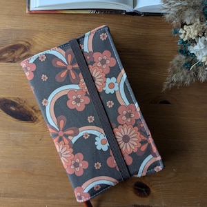 Copertina in tessuto regolabile formato tascabile, grande formato, diario con elastico e segnalibro integrato retro fiori marrone rosa