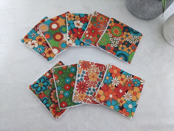 Lingettes lavables en coton BIO seventies flower power, carrés nettoyants soin du visage par lot de 9, cadeau original éthique zéro déchet