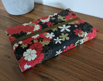 Large format fabric book protector pocket format book cover book case book cover with black and red bookmark flowers Japan